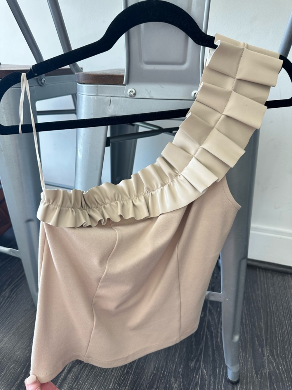 Sunday in Brooklyn One-Shoulder Ruffle Tank Top in Beige